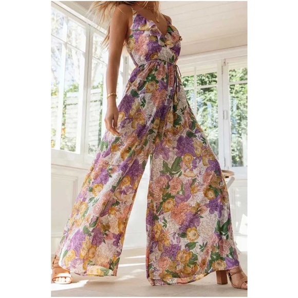 Pants - Boho Floral Print Ruffle Wide leg Cami Jumpsuit